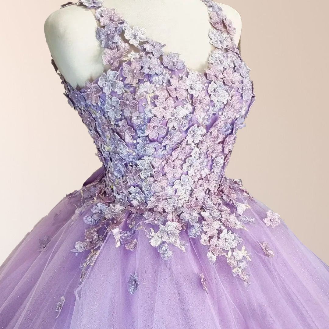 Princess Flowers Lavender Flowers Quinceanera Dresses Ball Gown with Petticoat