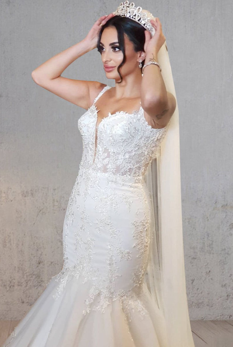 Mermaid Long Mermaid Lace Wedding Dresses Tulle Straps with Appliques