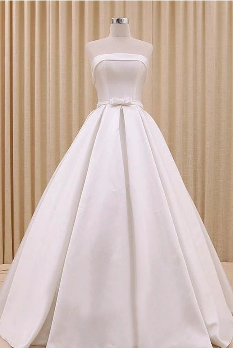 Abigale | A-Line Corset Strapless Floor Length Wedding Dress with Delicate Bow Belt