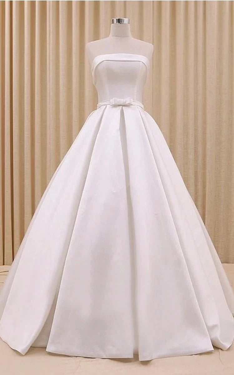 A-Line Corset Strapless Floor Length Wedding Dress with Delicate Bow B A-Line Corset Strapless Floor Length Wedding Dress with Delicate Bow B