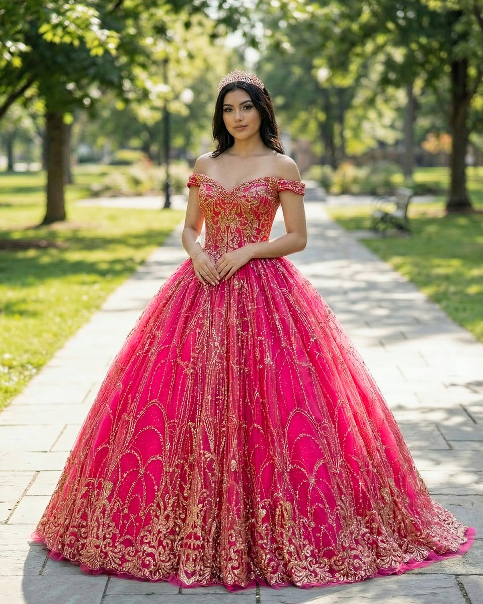 KissProm Quinceanera Dress Princess Off-the-Shoulder Red Sequin Lace Ball Gown, Red / 10