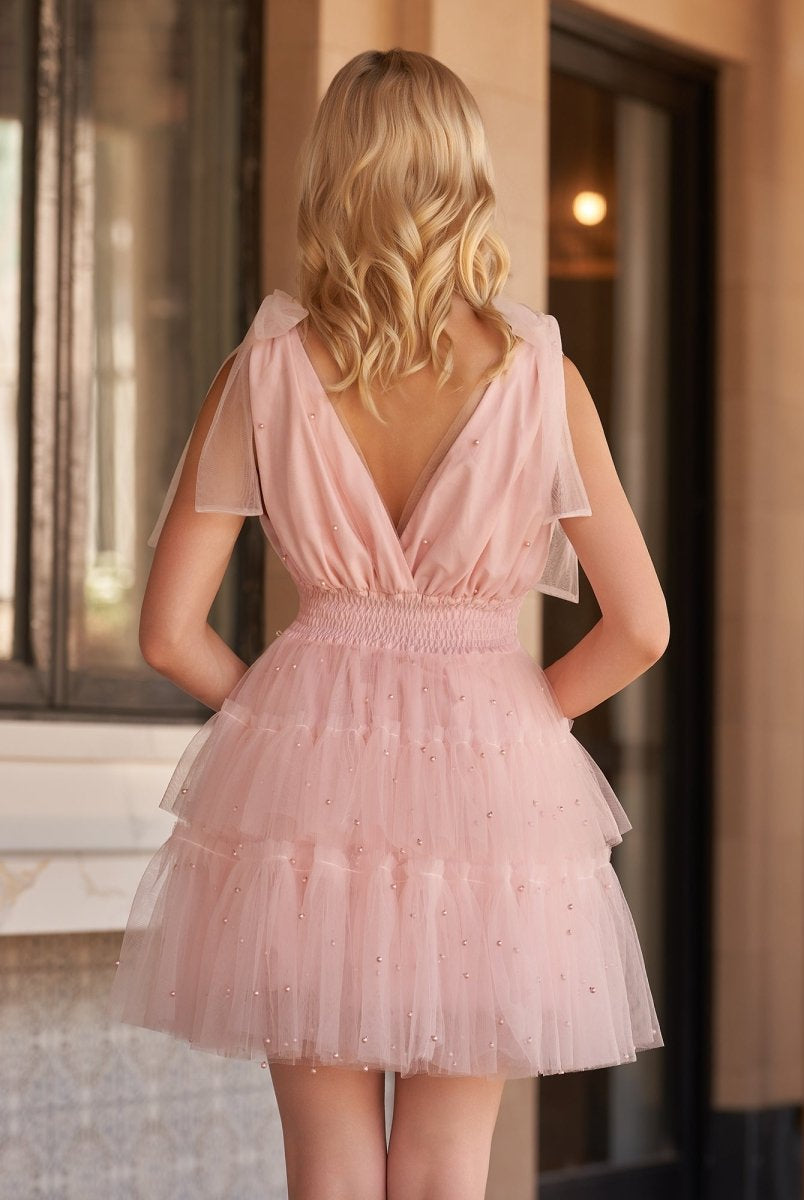 Lennon | Blush Tulle A-Line Homecoming Dress with Pearls