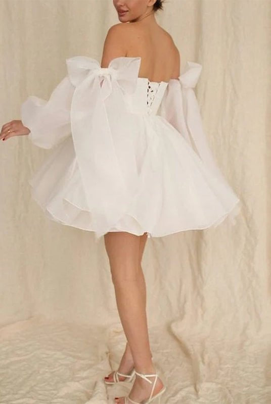 Ronnie | A - Line Puff Long Sleeves Short Wedding Dresses With Bows - KissProm