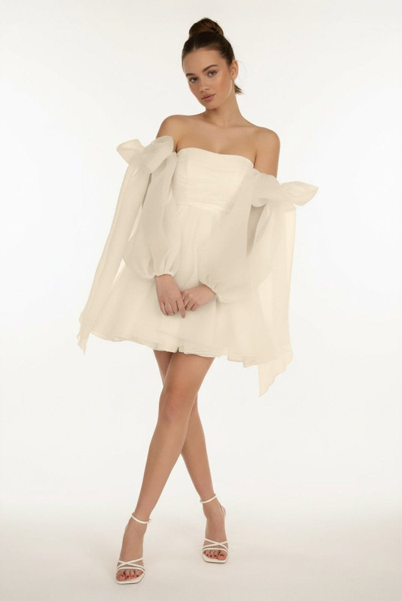 Ronnie | A - Line Puff Long Sleeves Short Wedding Dresses With Bows - KissProm