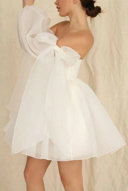 Ronnie | A - Line Puff Long Sleeves Short Wedding Dresses With Bows - KissProm
