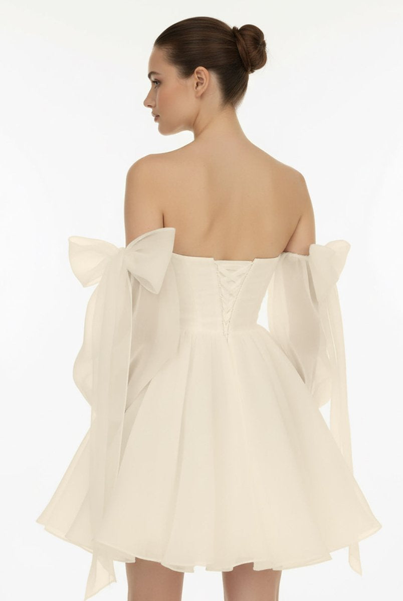 Ronnie | A - Line Puff Long Sleeves Short Wedding Dresses With Bows - KissProm