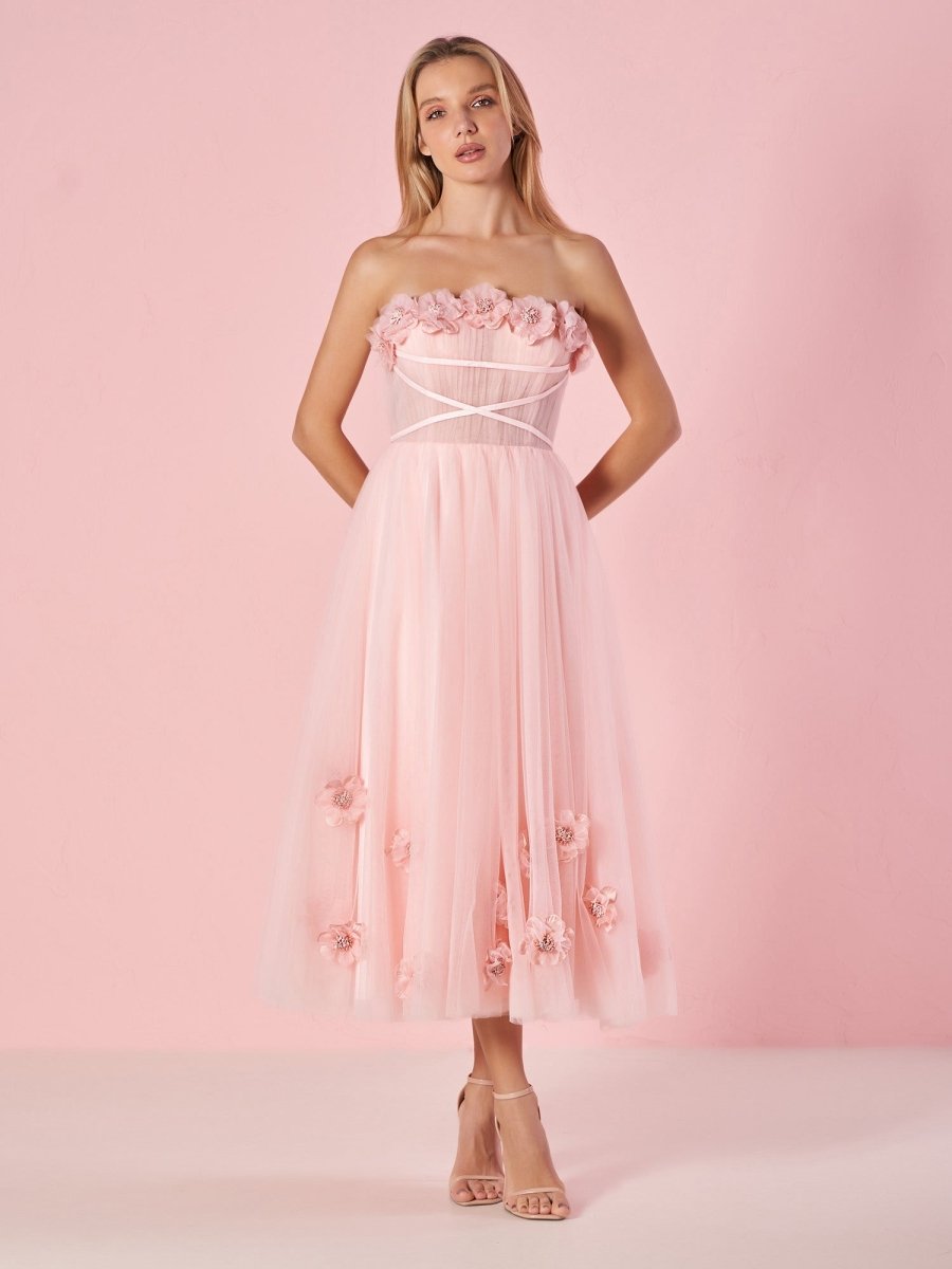 Pandora |Light Pink Princess Strapless Prom Dress with Flowers - KissProm
