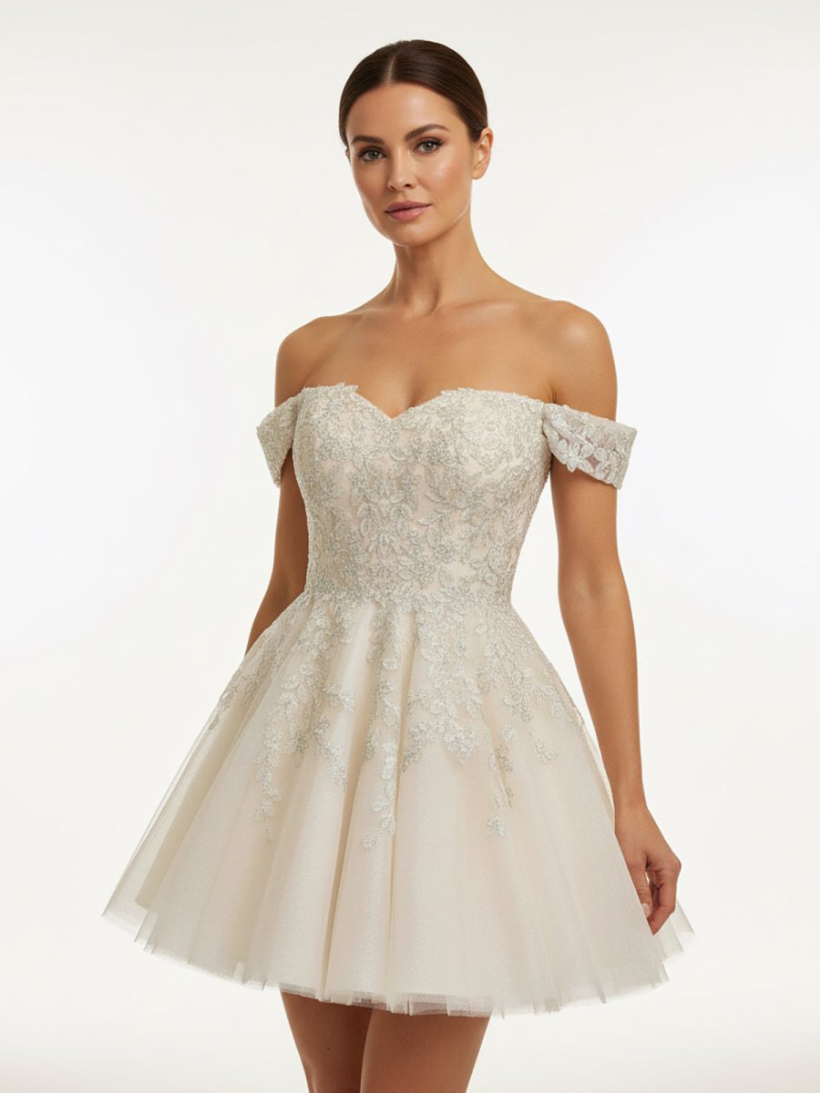 Bellarose | Lace White Appliques A - Line Short Wedding Dress - KissProm