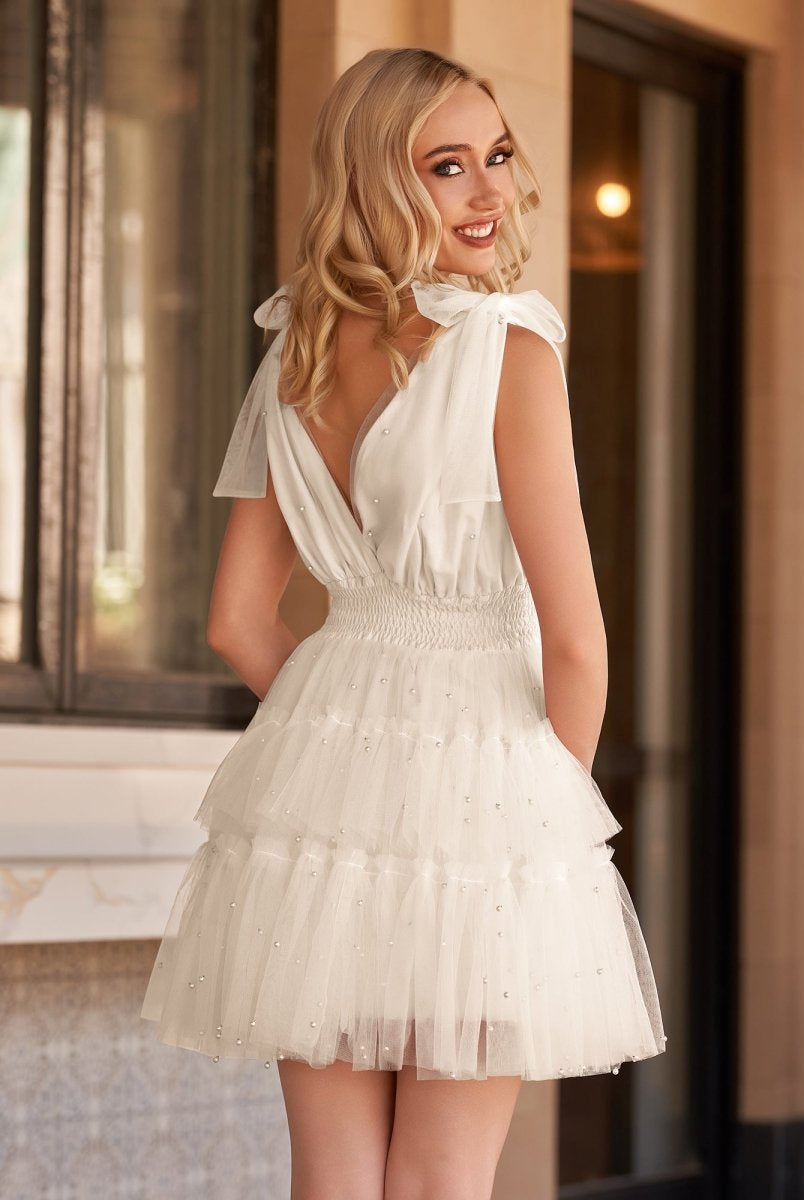 Lennon | Blush Tulle A-Line Homecoming Dress with Pearls