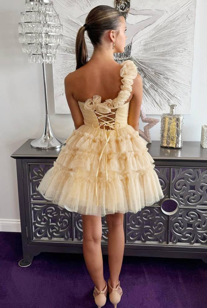 Devyn | Princess Yellow One Shoulder Knotted Ruffle Short Party Dress