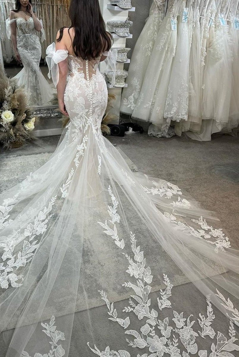 Princess Mermaid Off the Shoulder Lace Appliques Wedding Dresses - KissProm