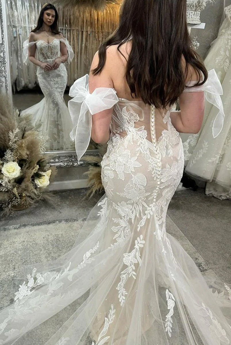 Princess Mermaid Off the Shoulder Lace Appliques Wedding Dresses - KissProm