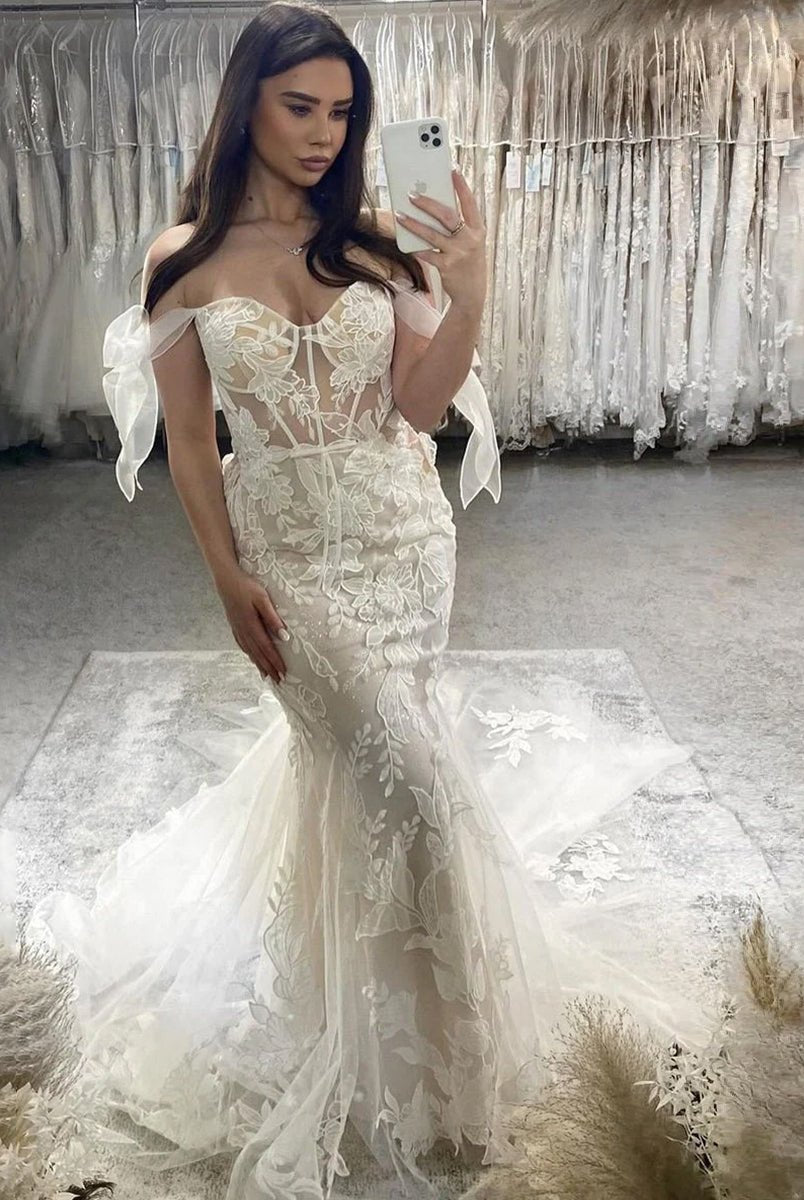 Princess Mermaid Off the Shoulder Lace Appliques Wedding Dresses - KissProm
