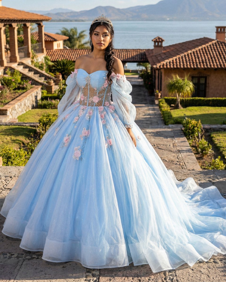 Puffy Blue Organza Ball Gown Beaded Off-the-Shoulder Quinceanera Dress, Blue / 12 Puffy Blue Organza Ball Gown Beaded Off-the-Shoulder Quinceanera Dress, Blue / 12