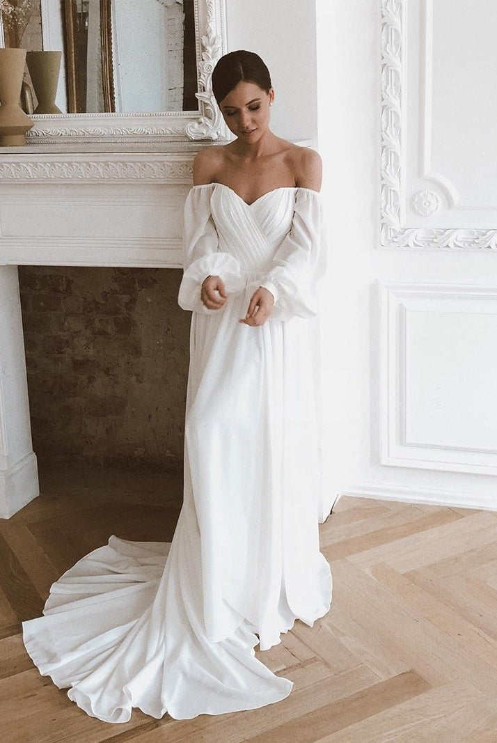 Aritha | Off the Shoulder Chiffon Beach Long-Sleeve Wedding Dresses