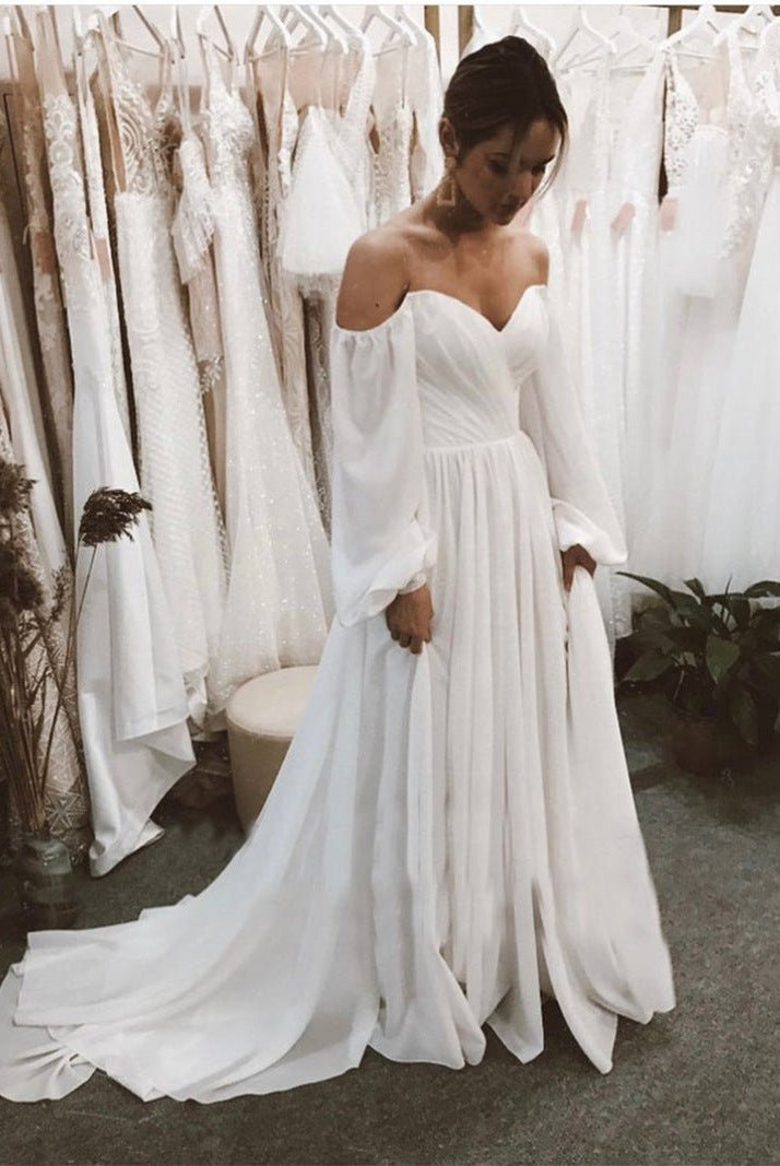 Aritha | Off the Shoulder Chiffon Beach Long-Sleeve Wedding Dresses