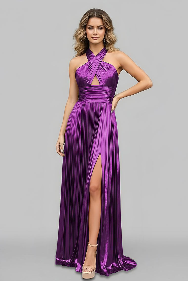 Peacock Blue Halter Neck A - Line Long Prom Dress With Split - KissProm