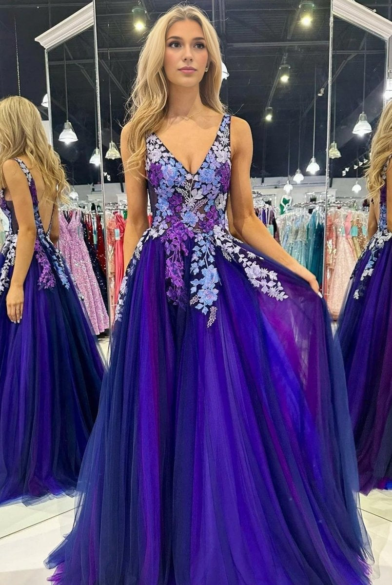 Purple Tulle Appliques V-Neck Open Back Long Prom Dress