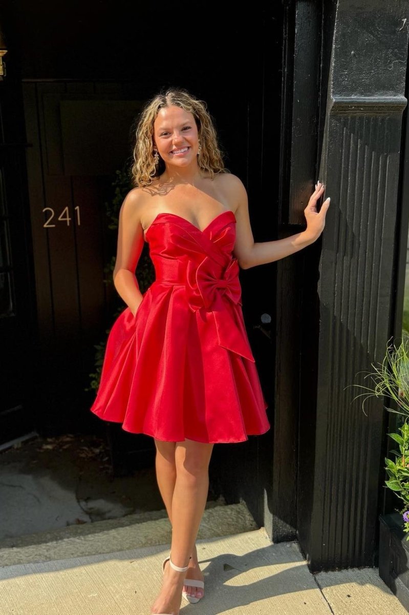 Quartz | Red - A-line Sweetheart Satin Short Homecoming Dresses With Bow