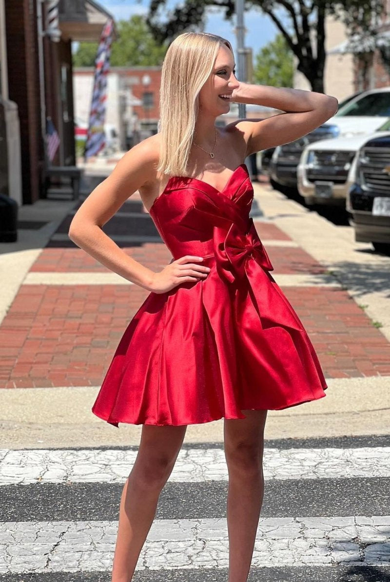 Quartz | Red - A-line Sweetheart Satin Short Homecoming Dresses With Bow