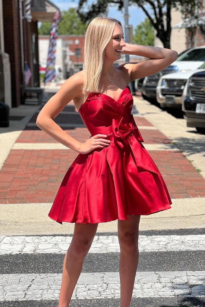Quartz | Red - A-line Sweetheart Satin Short Homecoming Dresses With Bow
