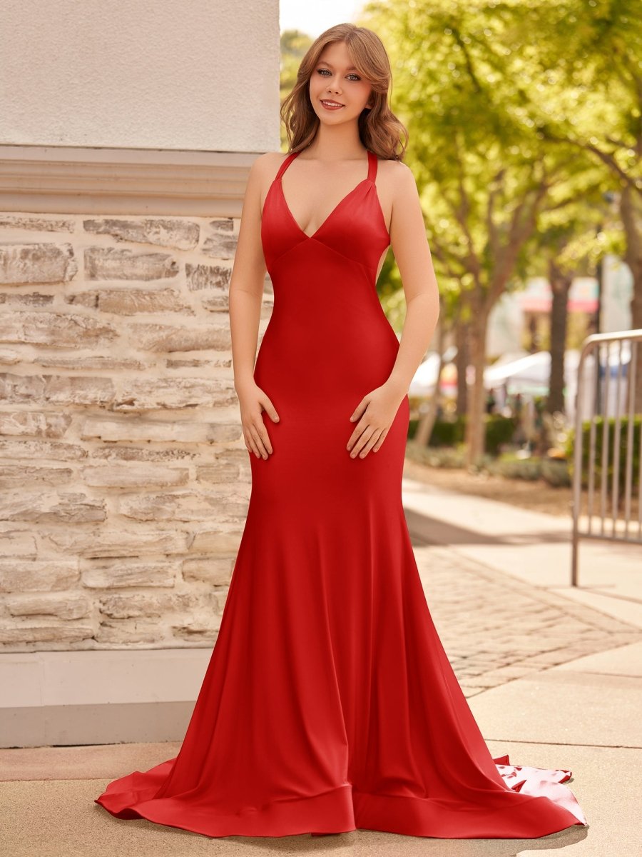 Quaylee | Yellow Mermaid V-Neck Satin Prom Dresses With Tail Evening Dress