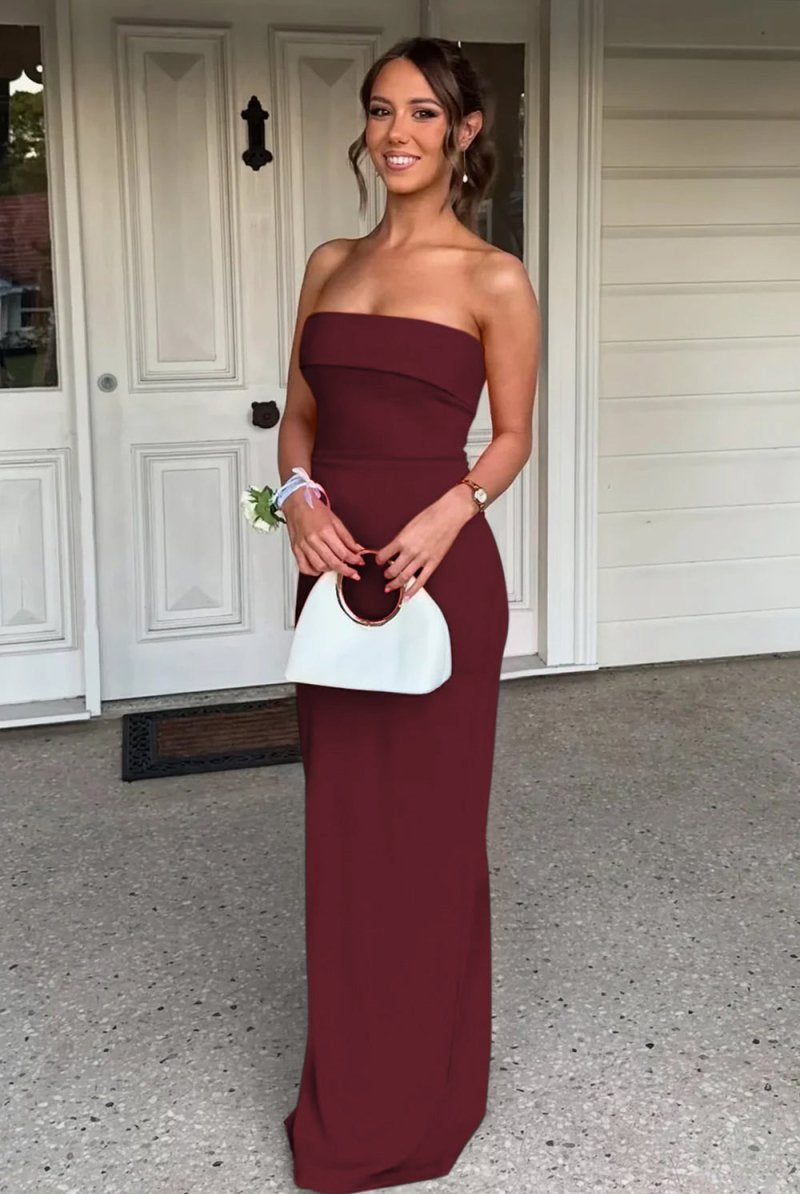 Queenbe | Red - Strapless Sheath Satin Pleated Long Formal Prom Dresses - KissProm