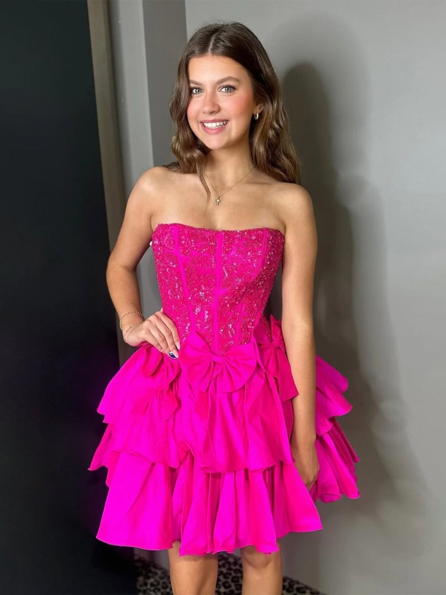 Quincy | Fuchsia - Strapless Sequins A-Line Homecoming Dress With Bow