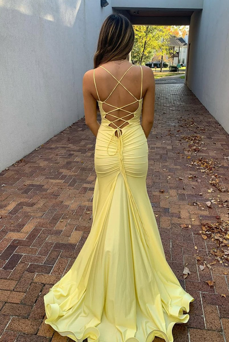 Quinlee | Yellow V Neck Satin Mermaid Long Prom Dress With Split
