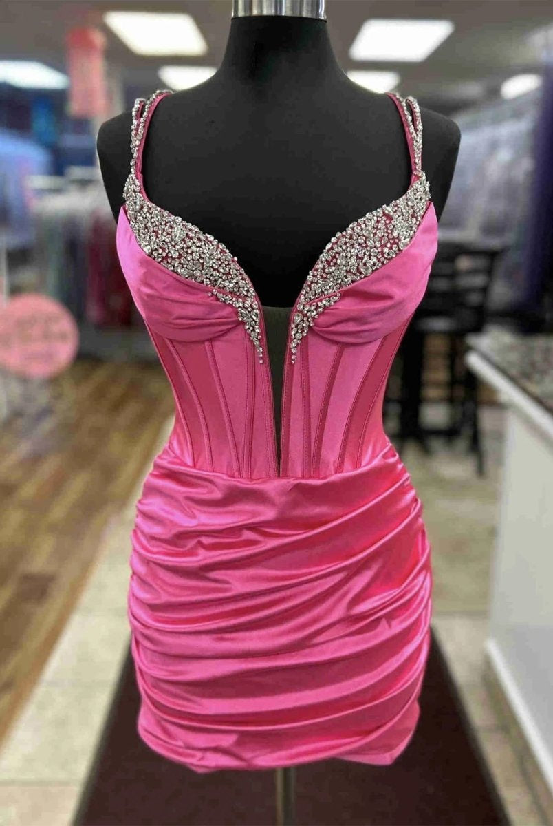 Quint | Fuchsia - V Neck Bodycon Satin Short Homecoming Dress With Beadings