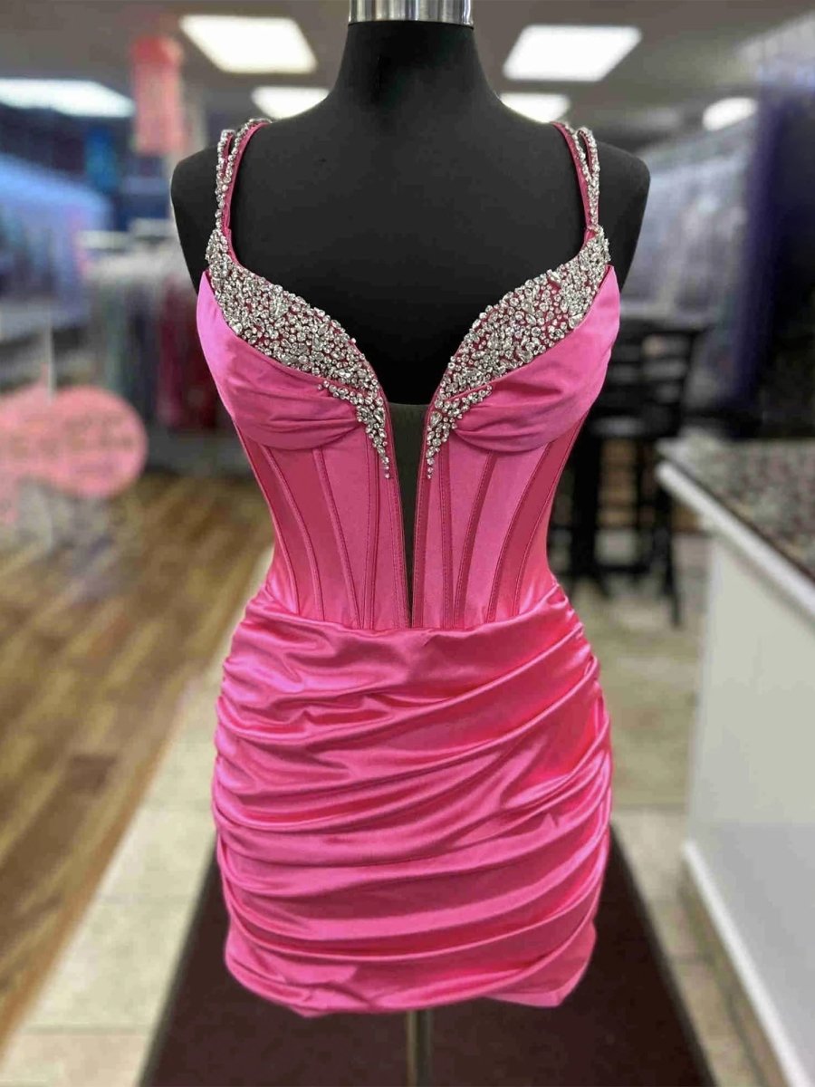 Quint | Fuchsia - V Neck Bodycon Satin Short Homecoming Dress With Beadings