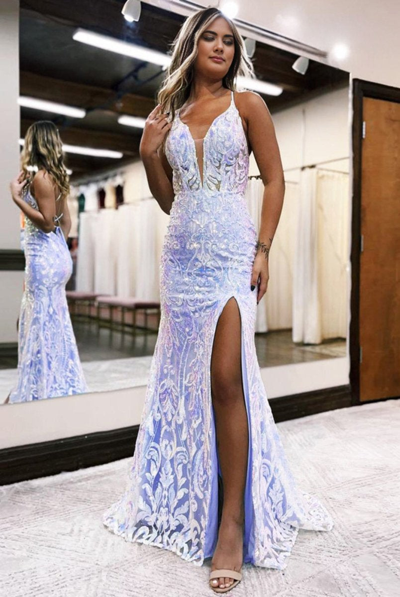 Raddix | Mermaid Deep V Neck Blue Sequins Lace Long Prom Dresses with Slit