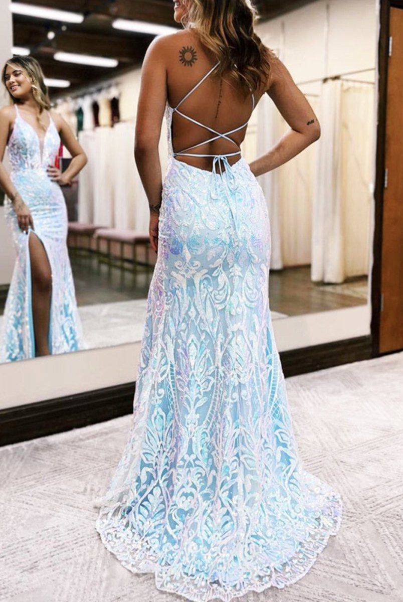 Raddix | Mermaid Deep V Neck Blue Sequins Lace Long Prom Dresses with Slit