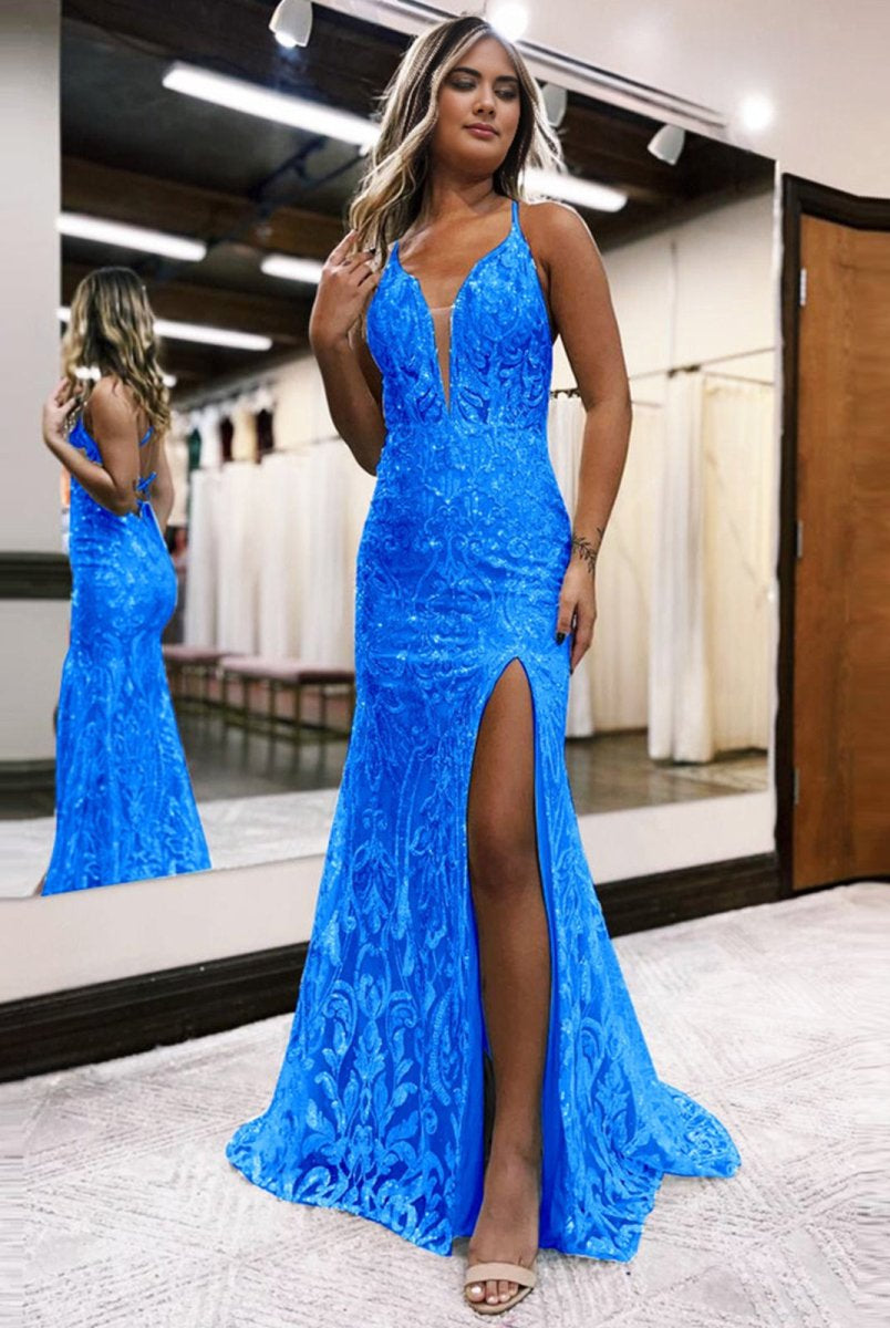 Raddix | Mermaid Deep V Neck Blue Sequins Lace Long Prom Dresses with Slit
