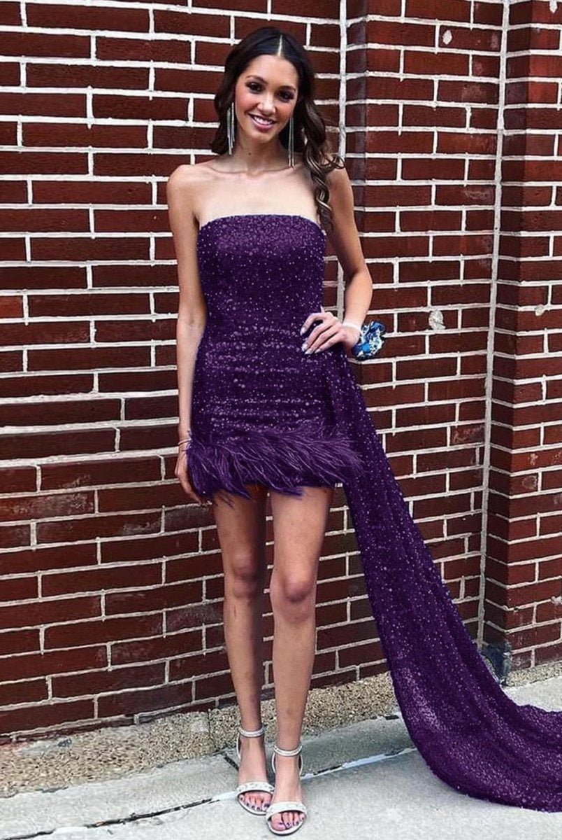 Rael | Purple - Strapless Bodycon Sequins Homecoming Dresses With Feather