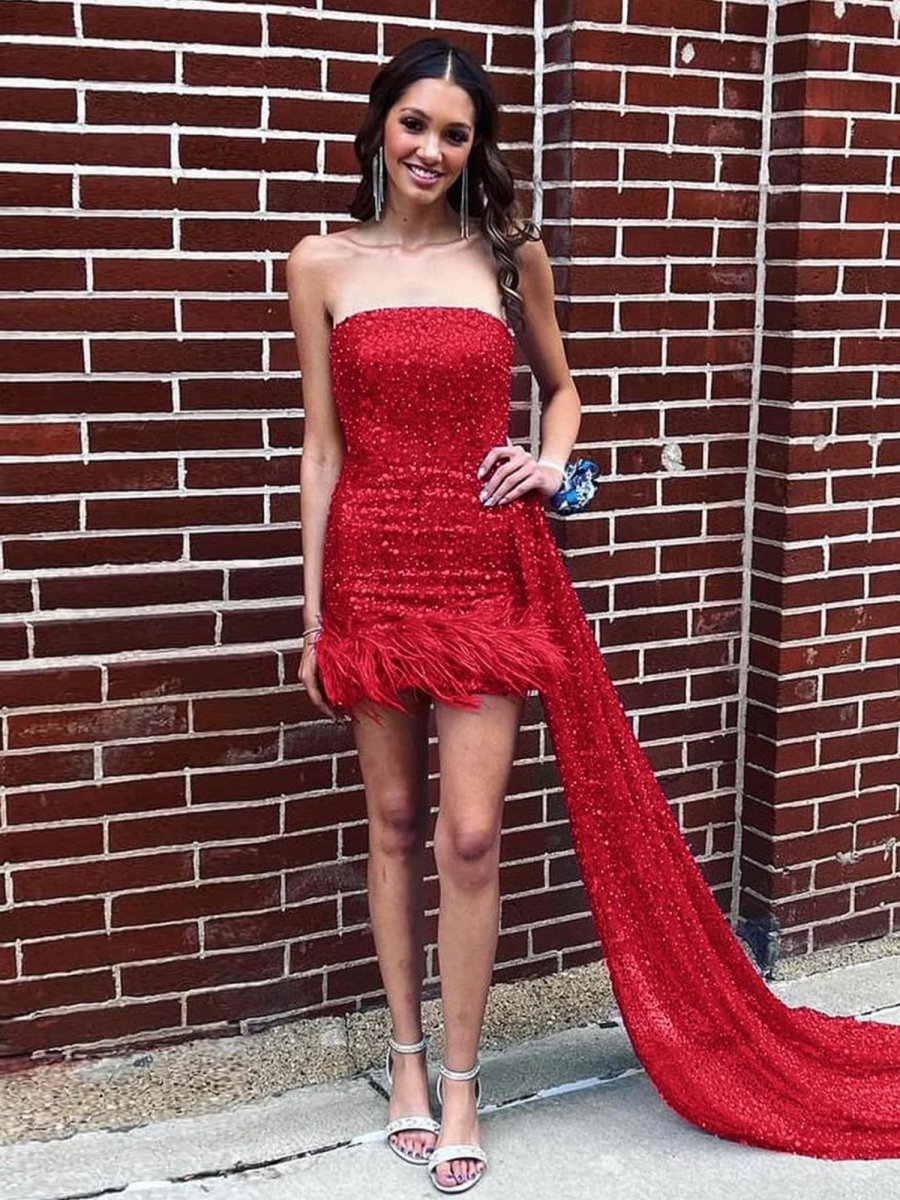 Rael | Red - Strapless Bodycon Sequins Homecoming Dresses With Feather