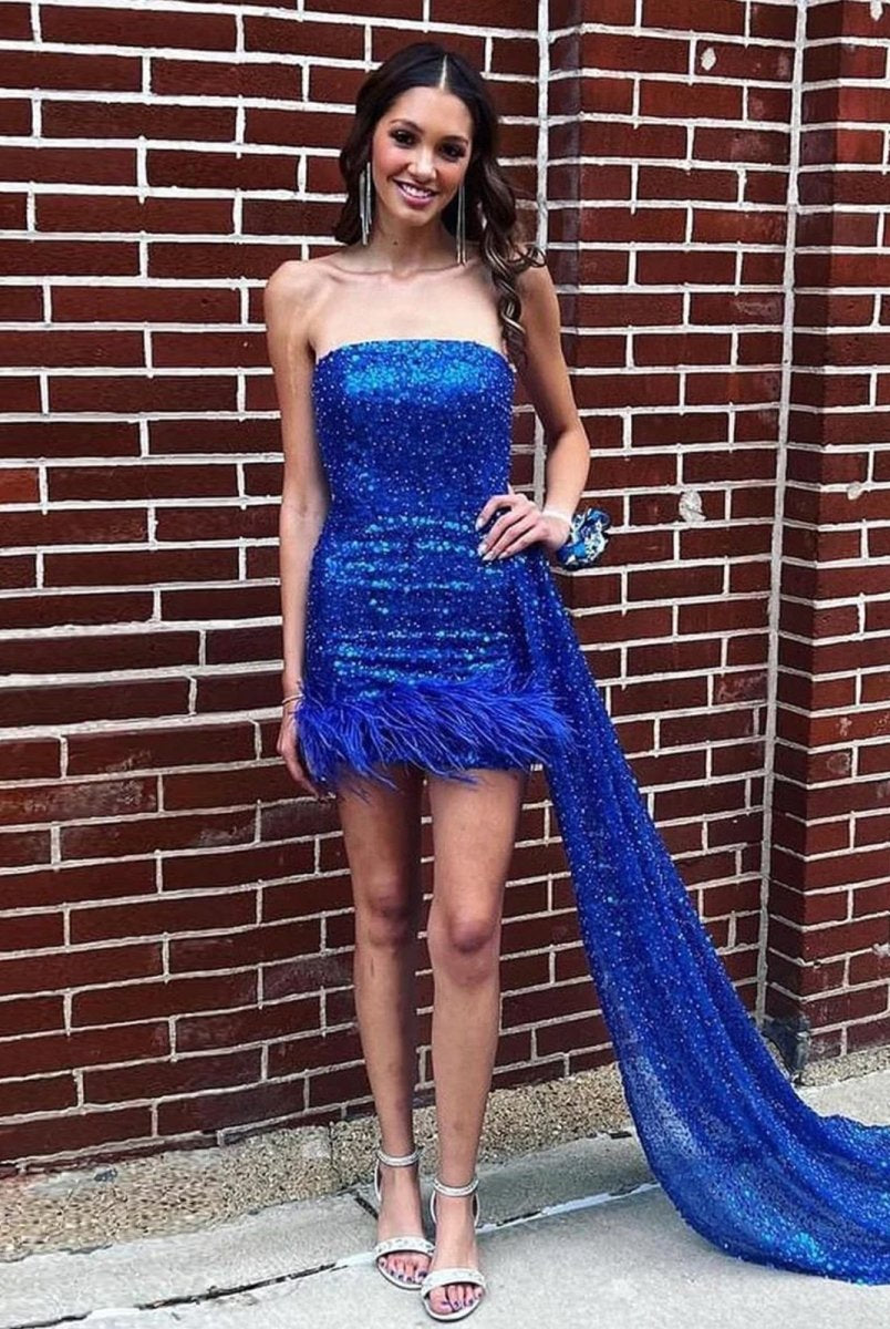 Rael | Royal Blue - Strapless Bodycon Sequins Homecoming Dresses With Feather