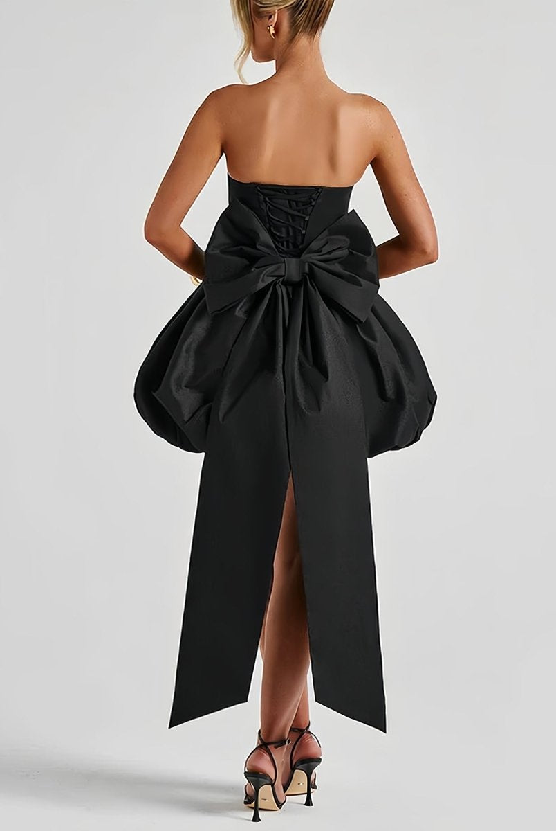 Raelee | Black - Strapless A Line Satin Short Homecoming Dress With Bow