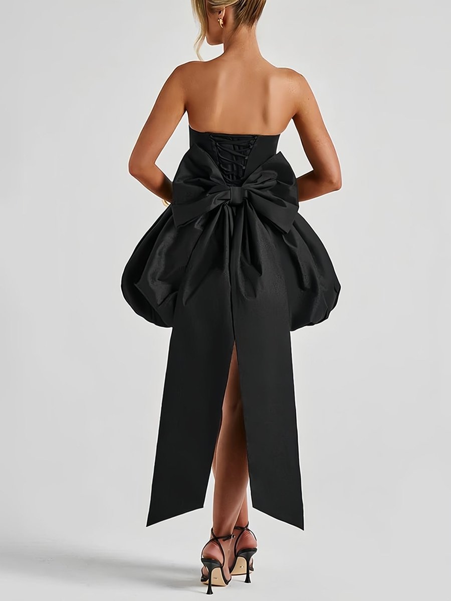 Raelee | Black - Strapless A Line Satin Short Homecoming Dress With Bow