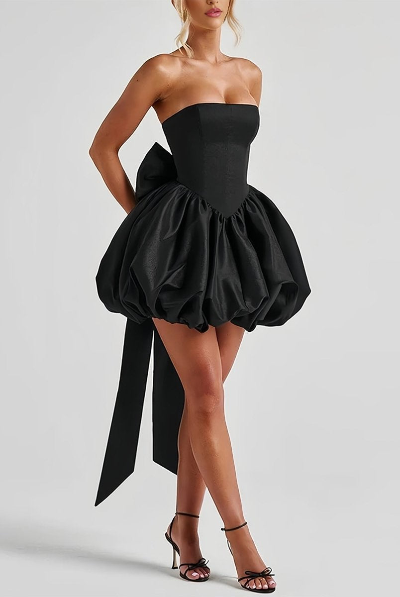 Raelee | Black - Strapless A Line Satin Short Homecoming Dress With Bow