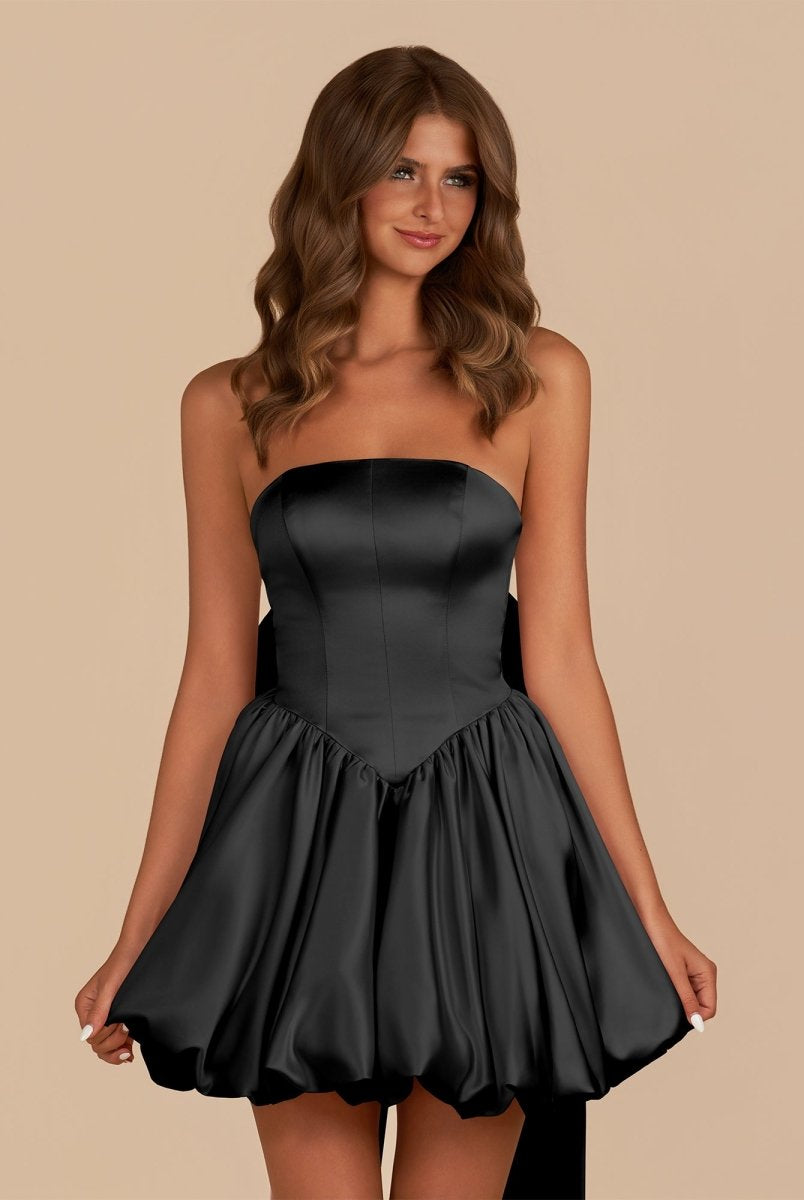 Raelee | Black - Strapless A Line Satin Short Homecoming Dress With Bow