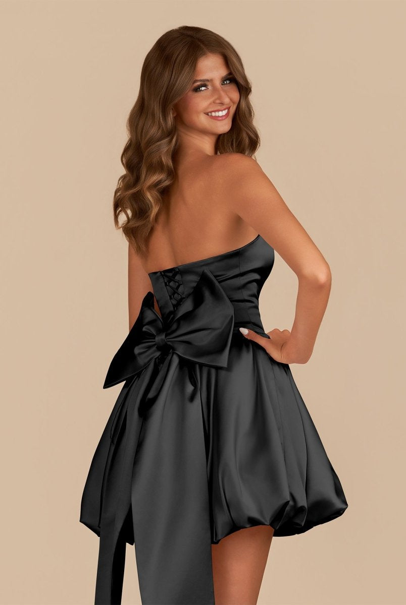 Raelee | Black - Strapless A Line Satin Short Homecoming Dress With Bow