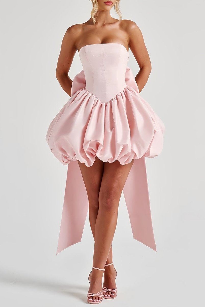 Raelee | Pink - Strapless A Line Satin Short Homecoming Dress With Bow