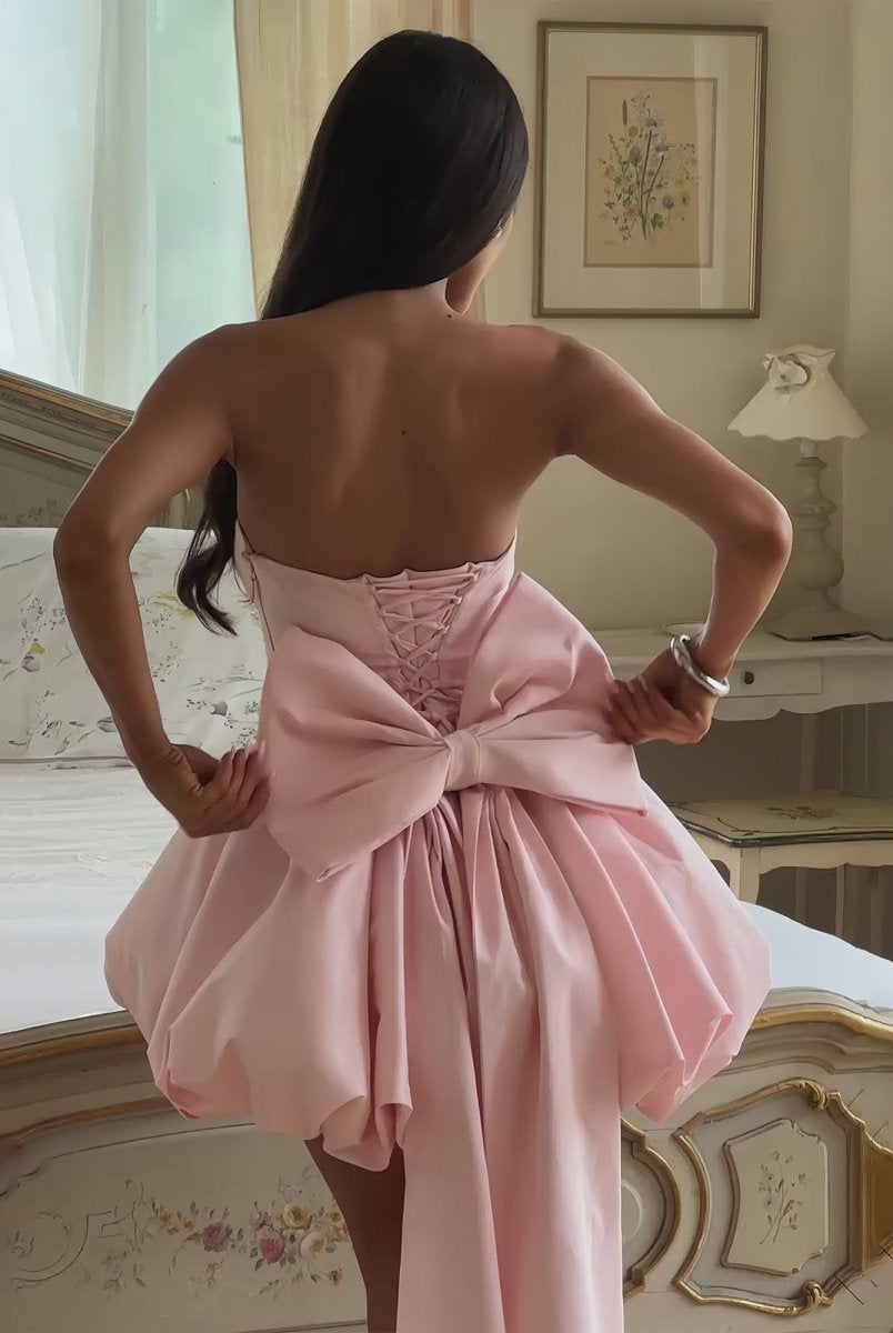 Raelee | Pink - Strapless A Line Satin Short Homecoming Dress With Bow