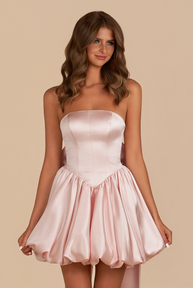 Raelee | Pink - Strapless A Line Satin Short Homecoming Dress With Bow