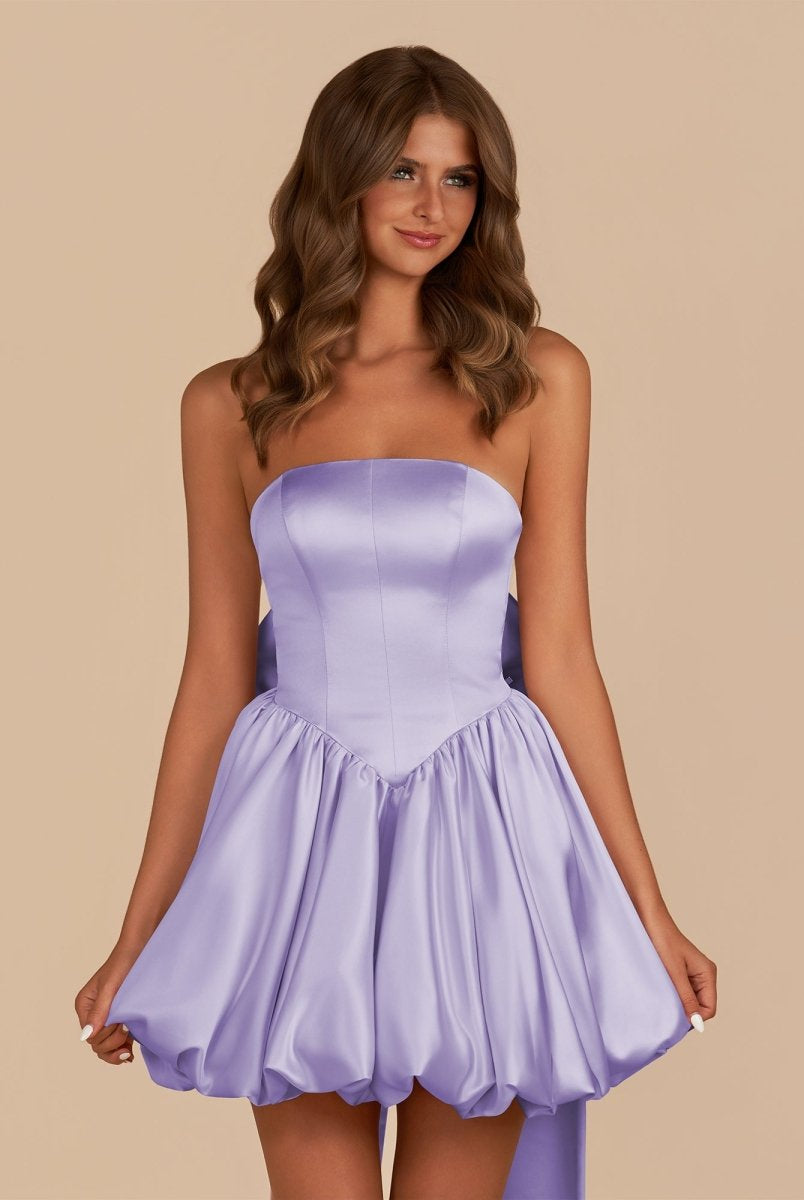 Raelee | Lavender - Strapless A Line Satin Short Homecoming Dress With Bow - KissProm