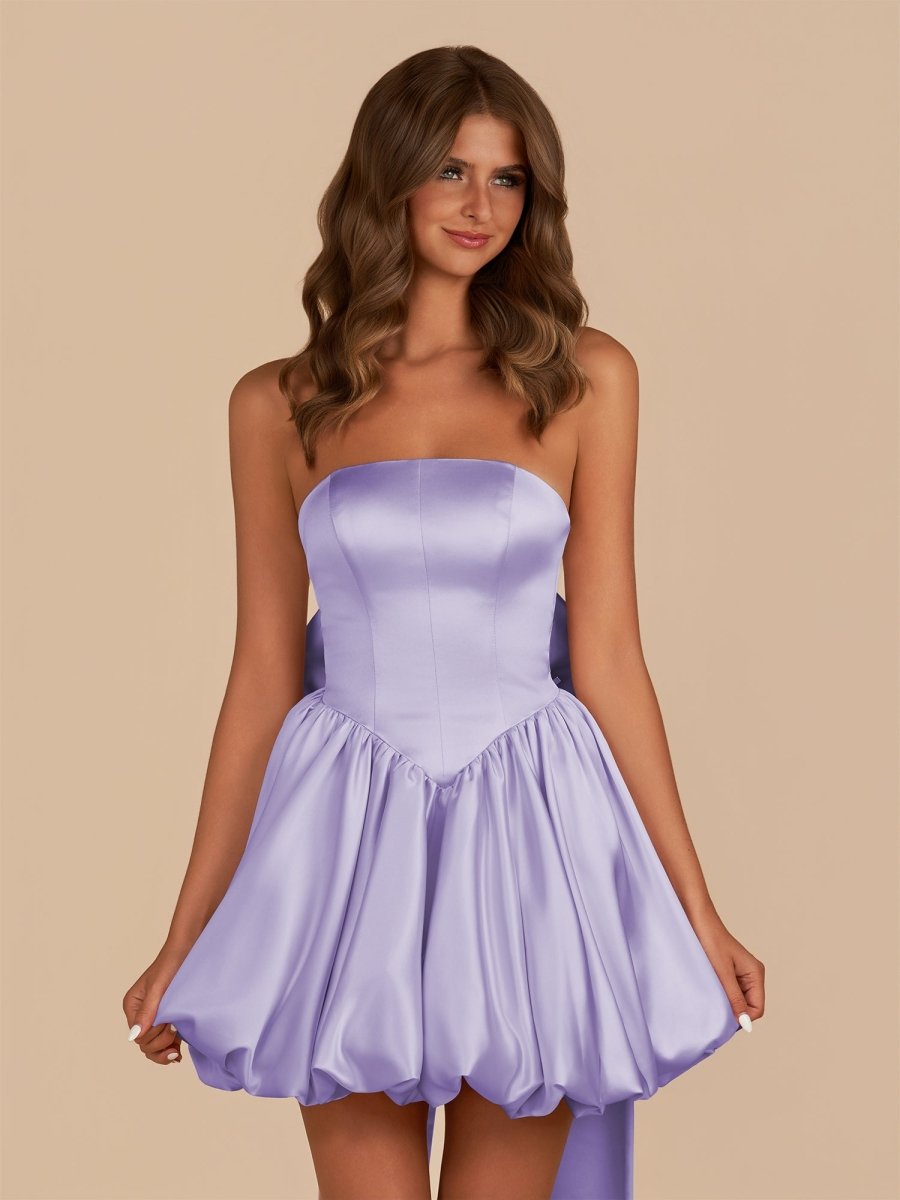 Lavender Strapless Satin A-Line Short Homecoming Dress with Bow, Lavender / 00 Lavender Strapless Satin A-Line Short Homecoming Dress with Bow, Lavender / 00