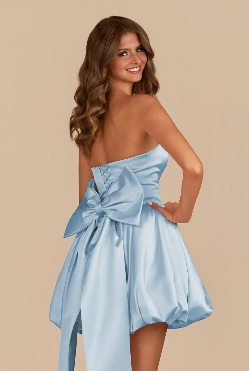 Raelee | Sky Blue - Strapless A Line Satin Short Homecoming Dress With Bow
