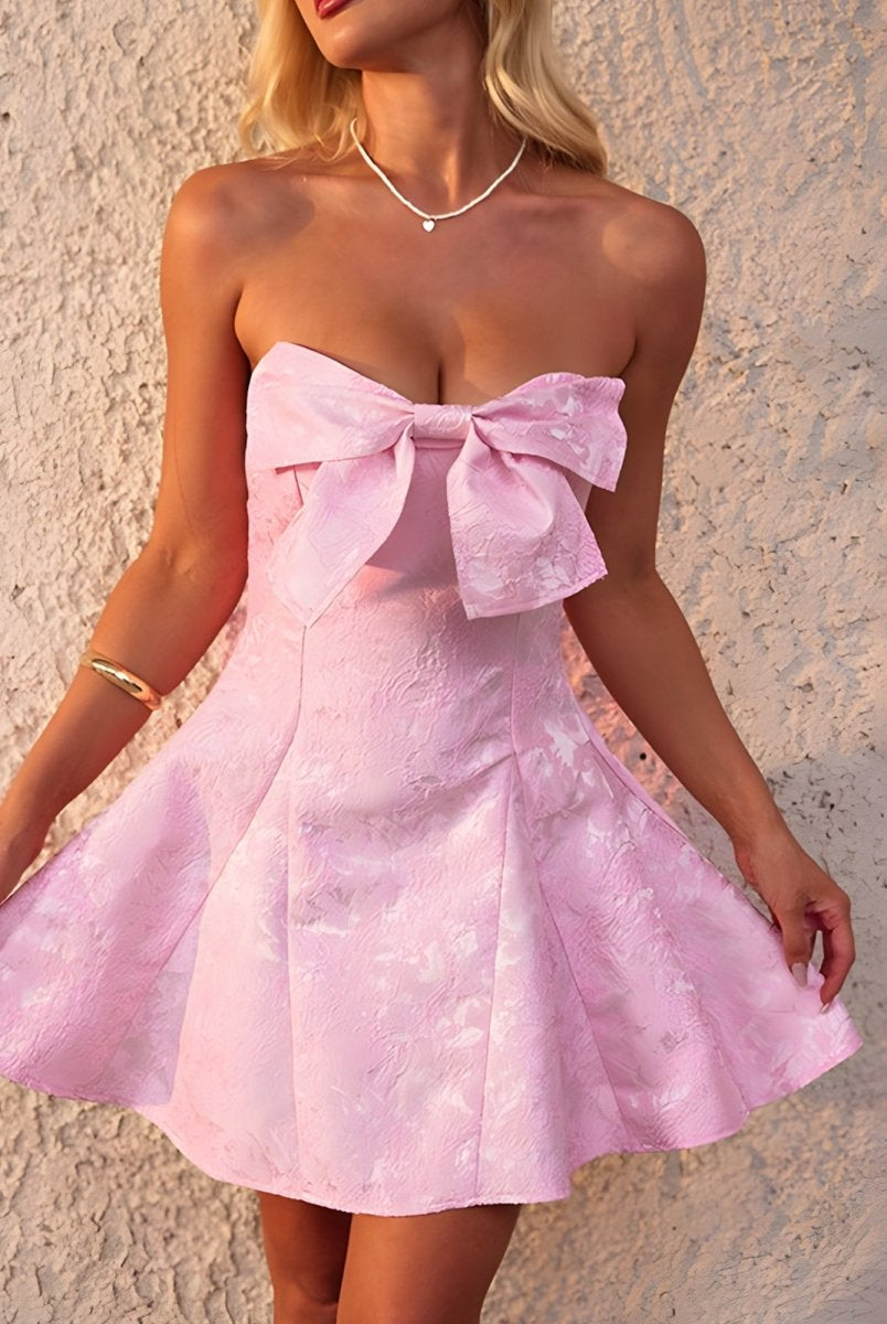 Raelith | Pink - Strapless A Line Jacquard Short Homecoming Dresses With Bow