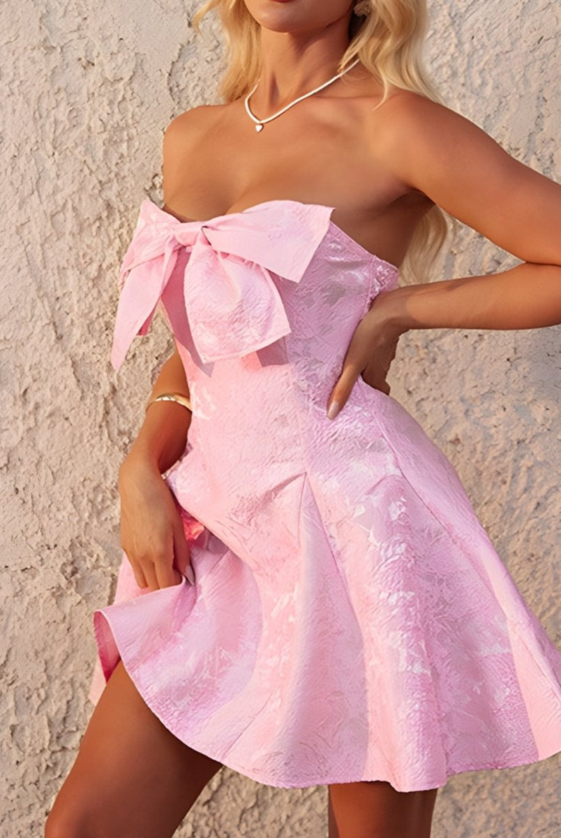 Raelith | Pink - Strapless A Line Jacquard Short Homecoming Dresses With Bow